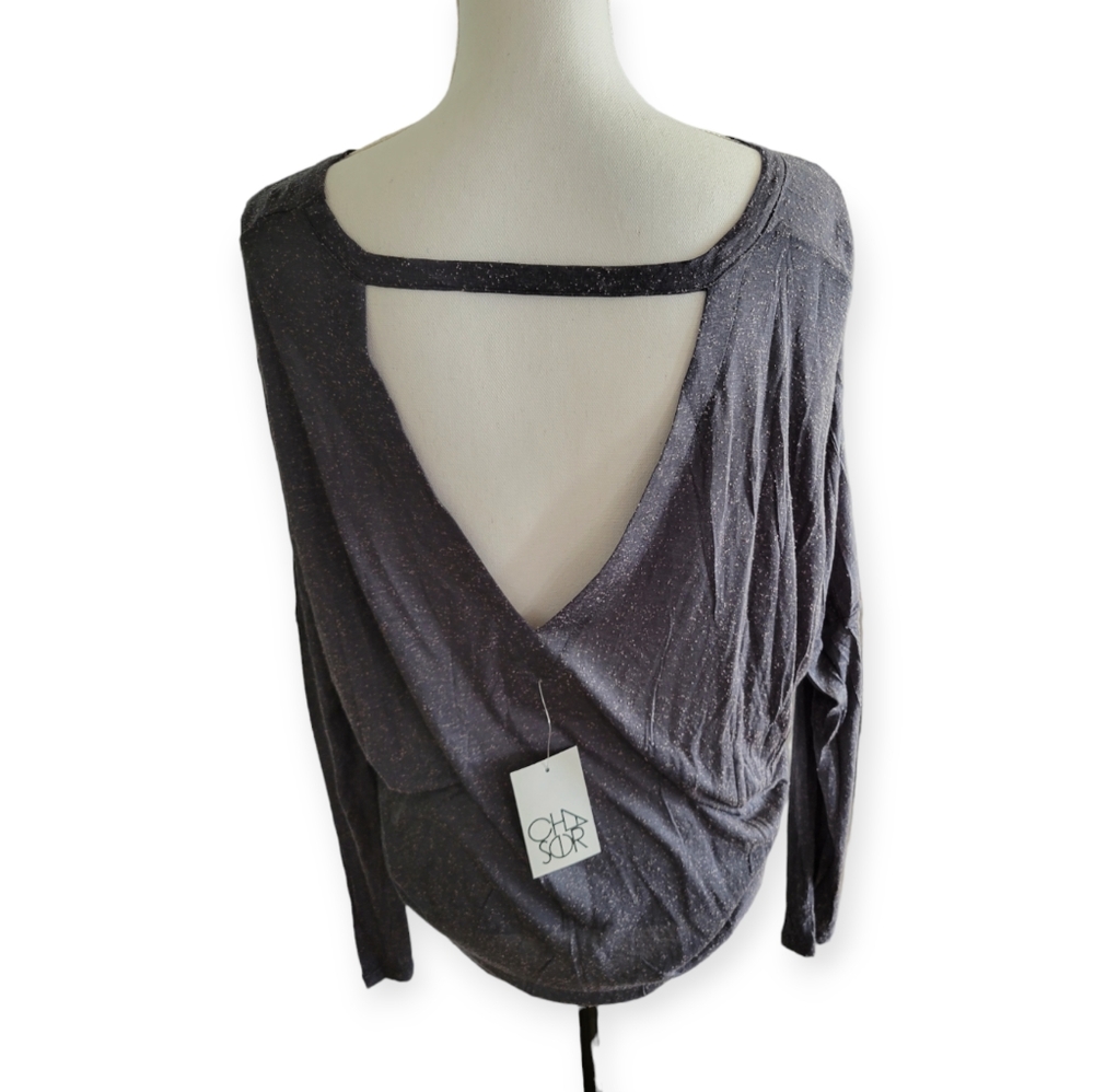 CHASER Silk Rayon Jersey Open Back Oversized Dolman Textured Top - Picture 2 of 6